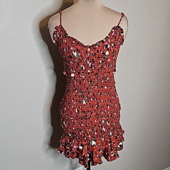 Karlie Dresses & Skirts - Karlie Medium Abstract‎ Leopard Cami Dress Rust Smocked ruffle hem
